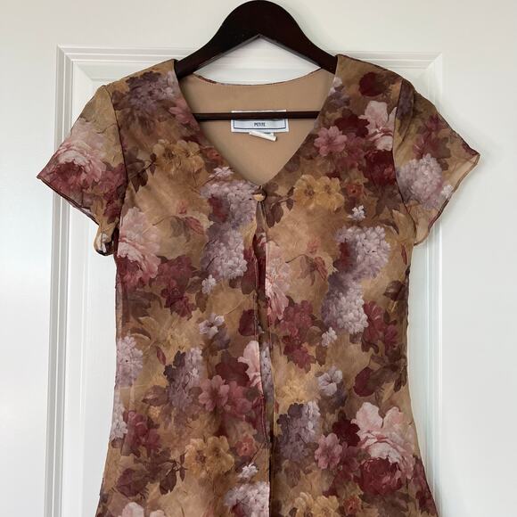 Jessica Howard Petite Floral Chiffon Midi Dress Brown Purple Overlay 90s‎ Mom - Picture 6 of 13